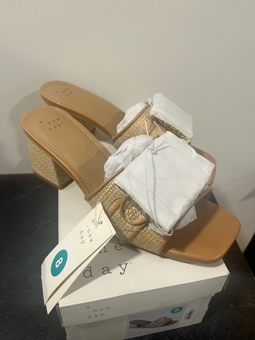 a new day Tan Woven Block Heel Slide Mules
